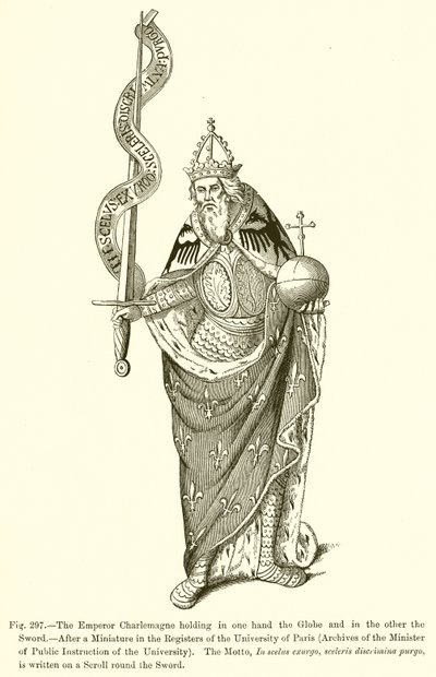 İmparator Charlemagne bir elinde Küre, diğerinde Kılıç tutuyor. by French School