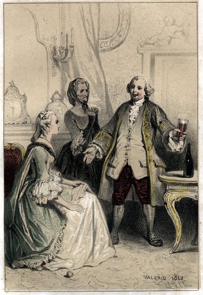 İngiliz komedyen David Garrick (1717-1779), antrenör kılığında, onu ikna etmeye çalışmak ve ona olan aşkının saçmalığına ikna etmek için hevesli bir düşes haline geldi. ”” iki harfli gravür by French School