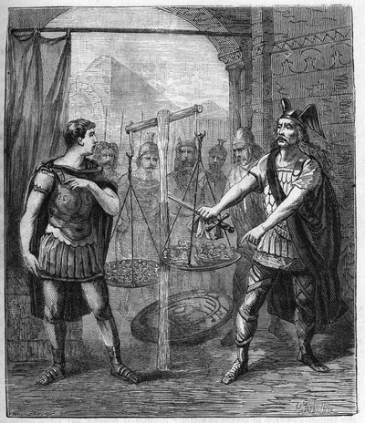 Galyalı ordu komutanı Brennos (Brennus) Romalıları yendi ve “Vae Victis” (Yenilenlerin vay haline) ilan etti, Galyalılar Roma