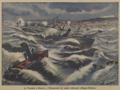 Alman vapur Berger-Wilhelm Bizerte, Tunus açıklarında bir fırtınada karaya oturdu (renkli taş) by French School