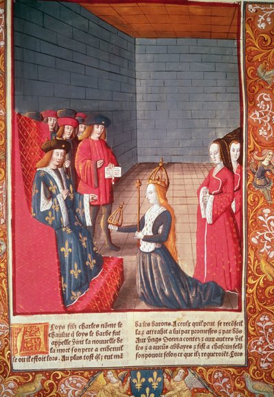 Provence'ın Kutsal Roma İmparatoriçesi Richilde Compiegne'de Kekeme Louis'e babası II. Charles'a ait olan tacı ve asayı takdim ediyor, A. Verard tarafından basılan 'Chroniques de France'dan by French School