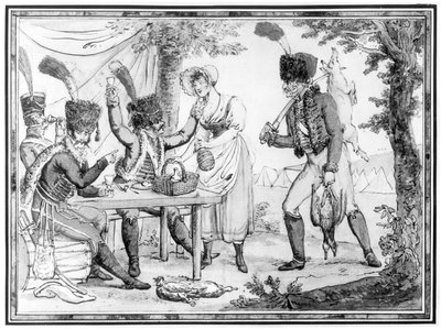 Hussars ve Vivandiere, 1803 (kağıt üzerinde wc) by French School