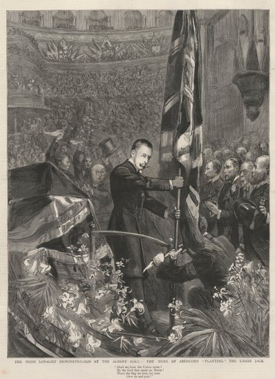 Albert Hall'daki İrlandalı sadık gösteri, Londra, 1893: Abercorn Dükü (James Hamilton) (1811-1885) Union Jack'i dikiyor. by French School