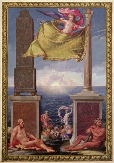 Herkül Sütunları, Katalonya ve Balear Adaları haritaları koleksiyonunun ön yüzü, Pene, 1680 (renkli gravür) by French School