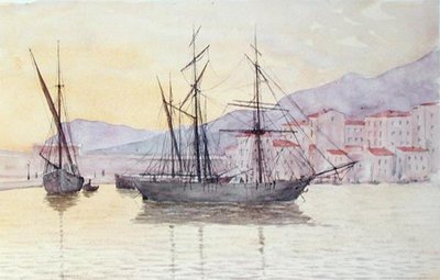 Menton Limanı (kağıt üzerine sulu boya) by French School