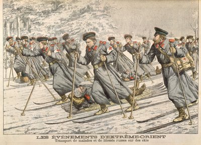 Rus-Japon Savaşı (1904-05) Sırasında Yaralı Rusları Kayak Üzerinde Taşıyan Kızıl Haç, Le Petit Journal, c.1904 by French School