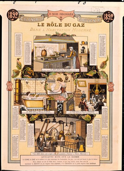 Modern evlerde Gazın Rolü, bir Fransız Gaz Şirketi takviminden, 1892 by French School