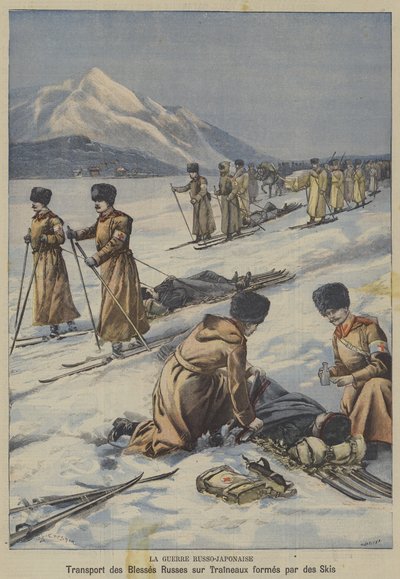 Rus-Japon Savaşı: yaralı Rus askerlerinin kayaklardan yapılmış kızaklarda taşınması (renkli taş) by French School