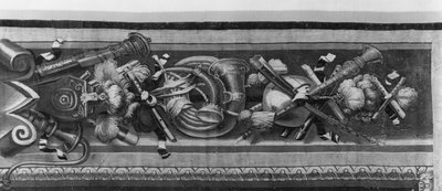 The Seasons goblen, bordür, müzik aletleri, c.1670, Gobelins Fabrikası (detay) by French School