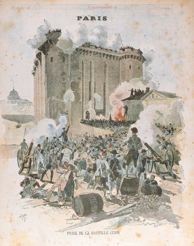 Bastille Kuşatması ve Ele Geçirilmesi, 14 Temmuz 1789, bir okul alıştırma kitabının kapak resmi, c.1889 (renkli taş baskı) by French School