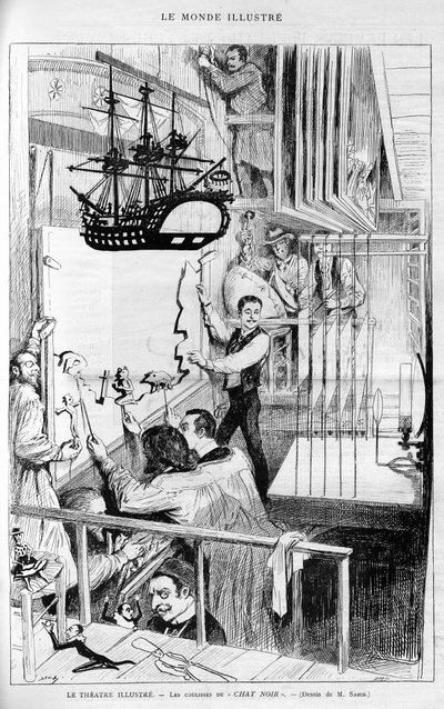 Tiyatro şunu gösteriyor: “Chat noir”in perde arkası. Gravür “Le monde şanlı”, “” 1888. by French School