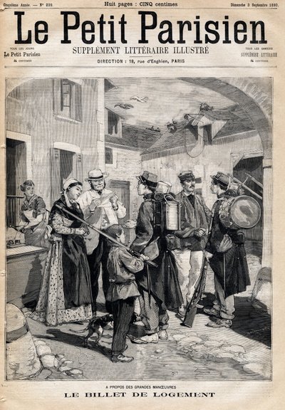 Bir yatak ve bir mum hakkı veren konaklama bileti, tatbikatlar ve büyük manevralar sonrasında askerlere dağıtılır. 3/09/1893 tarihli “Le petit Parisien” gazetelerinden biri (gravür) by French School