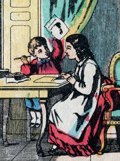 İyi ailelerden gelen kızlar için etkinlikler: küçük bir erkek kardeşe ödevinde yardım etmek - Epinal resim - 19. yüzyıl (gravür) by French School
