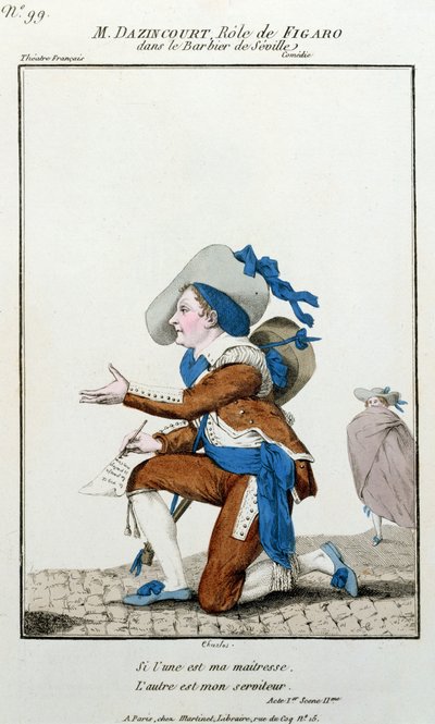Pierre Augustin Caron de Beaumarchais'in (1732-1799) Sevilla Berberi'nde Figaro rolündeki Theatre Francais'deki aktör Dazincourt by French School