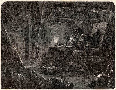 Altın yapmaya söz veren simyacı laboratuvarında çalışır: 17. yüzyılda Simyacı - Nicolas Jules Henri Gourdon de Kennouillac (1826-1898) tarafından “Paris a travers les cules” de by French School