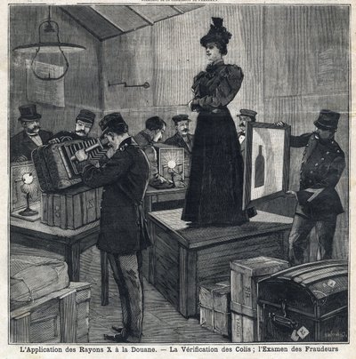X-ışınlarının (X-ışınları) uygulamasının gelenekleri vardır: paketlerin doğrulanması ve dolandırıcıların incelenmesi. 11/07/1897 tarihinde “” Le Peute Parisien”de. Özel koleksiyon by French School