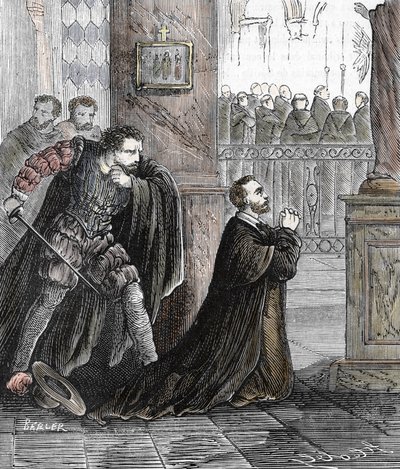 Engizisyoncu Pedro de Arbues'in (1441-1485) 17/09/1485'te İspanya'da Zaragoza Katedrali'nde öldürülmesi (İspanyol Engizisyonu yetkilisi Pedro de Arbues, 1485'te Zaragoza'nın La Seo Katedrali'nde, sohbetler by French School