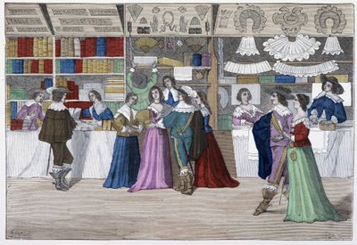 Louis XIII altındaki adliye galerisinin butikleri - “Yüzyıllar boyunca Paris”” by French School
