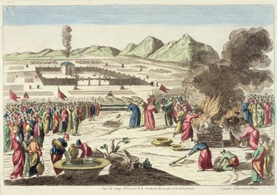 İsrailoğullarının kampı ve kırmızı inek kurbanı (renkli gravür) by French School