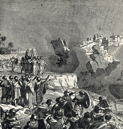 Eriha'nın ele geçirilmesi sırasında İsrail halkının girmeleri yasak olan şehir surlarının altından trompet çaldığı Ce son fait fait les murs de la ville (İsrailoğullarının İsrail'i fethetmelerindeki ilk savaşı olan Eriha Savaşı). by French School