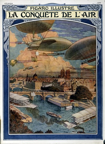Havanın fethi: Paris üzerinde zeplin, balon ve sıcak hava balonu - Şubat 1909 tarihli Figaro Illustrated dergisinin kapağı by French School