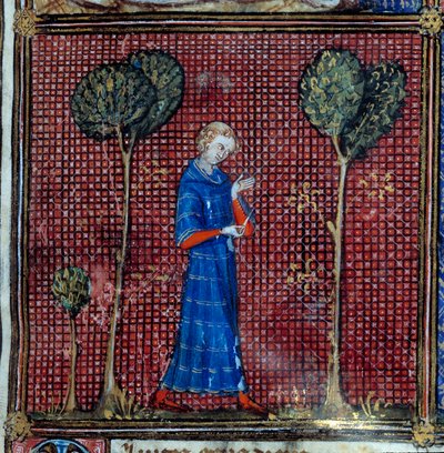 Rüya, detay: Aşık gömleğinin kolunu dikiyor. Jean de Meun, Jean de Meung veya Jean Chopinel, Jean Clopinel (v.1240-1305) tarafından "Roman de la rose" içinde minyatür, 1370 civarı. Chantilly, Conde Müzesi by French School