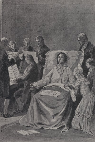 Ölmekte olan Wolfgang Amadeus Mozart, arkadaşlarının Dostluğa Övgü Kantatını icra etmelerini dinlerken (gravür) by French School