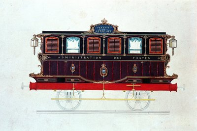 Fransa'daki ilk posta arabası, c.1830-48 (kağıt üzerinde kalem & mürekkep ve wc) by French School