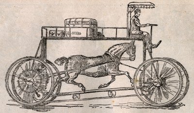 Hippocycle: Arabaların ve bisikletlerin gelişinden sonra bir ulaşım aracı olarak “atların korunması” için icat. 9 Ağustos tarihli “Le Pelerin”deki gravür by French School