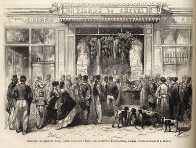 Bariyere de Fontainebleau'daki (Paris) at kasap dükkanı 1866'da açıldı - butcherie chevaline - Boucherie Meat de Cheval Bulvarı İtalya bariyere de Fontainebleau yakınlarında 1866) 1866'da “Le monde şanlı” gravürü by French School