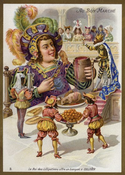 Lilliputluların kralı Gulliver (chromolitho) için bir ziyafet veriyor by French School