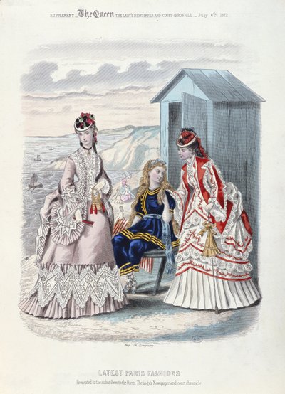 Plaj ve yüzme için en son Paris modası, 1872 (renkli gravür) by French School