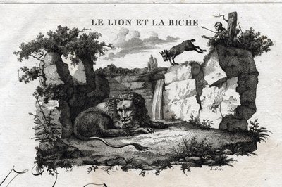 Aslan ve geyik. Esope Masalı. (Yunan yazar Esopo veya Ecopus, MÖ 6. yy) Guillaume Montfort ve Gravees tarafından 1801