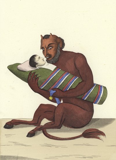 Küçük kırmızı adam oğlunu sallıyor by French School