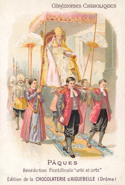 Papa, geleneksel Paskalya kutsamasını (chromolitho) yapmak için taşınıyor by French School