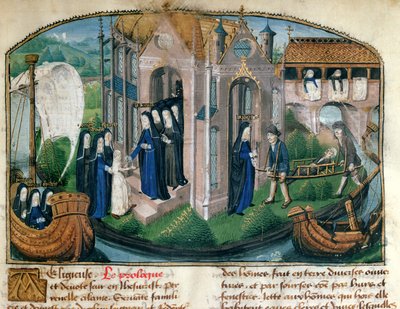 Jean Henry tarafından "Le Livre de Vie Active de l" Hotel Dieu de Paris "den bir aceminin resepsiyonu ve bir hastayı karşılaması, c.1482 by French School