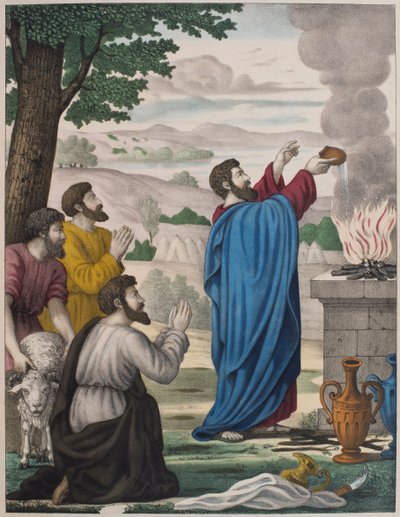 İlyas ve Baal rahiplerinin rakip kurbanları, Charles Delagrave tarafından yayınlanan LHistoire Sainte ilmihalinden bir örnek, Paris, 19. yüzyılın sonlarında by French School