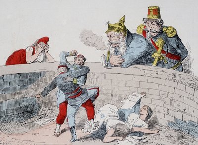 Durum - Gauillaume: Çılgın insanlara yardım etmeliyiz, Badingue (Napolyon III): Bırak yapsınlar kardeşim, onlar (Parisliler) kendilerini yiyip bitirince müdahale etme zamanı gelecek. Komün hakkında karikatür. by French School