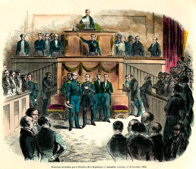 Cumhuriyetin resmen başkanı ilan edilen III. Louis Napolyon'un (Louis-Napolyon) 20 Aralık 1848'de Ulusal Meclis'te yemin etmesi. by French School