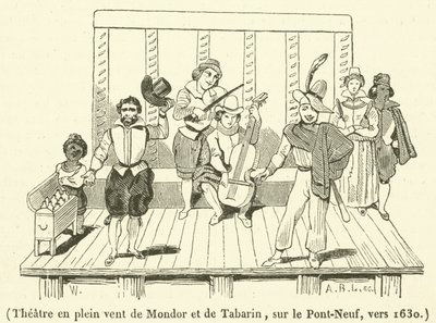 Mondor ve Tabarin açık hava tiyatrosu, Pont-Neuf üzerinde, yaklaşık 1630 (gravür) by French School