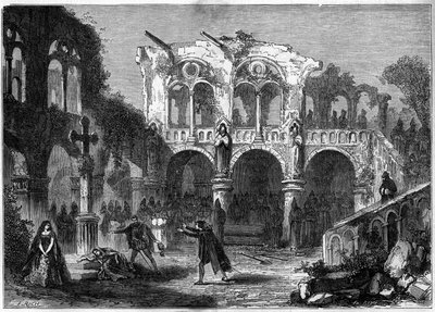 Tiyatro gösterimi: Auguste Vacquerie (1819-1895) tarafından “Onur Cenazeleri” (Perde VII, son sahne). Paris, Theatre de la Porte Saint Martin by French School