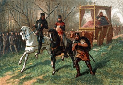 Thierry I (? - 533), Austrasia Kralı bir arabada öküzler tarafından sürükleniyor. 19. yüzyılın sonlarında kromolitografi. by French School