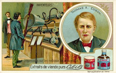 Thomas A Edison, mucit - bir fonograf kaydediyor by French School