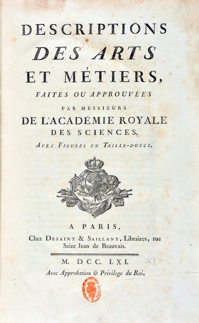 “Kraliyet Bilimler Akademisi beyler tarafından yapılan veya onaylanan Sanat ve Meter Açıklamaları” başlığının başlık sayfası”. 1761 by French School