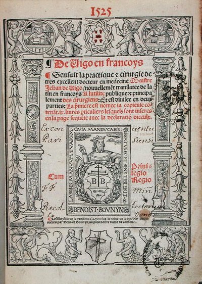 Jean de Vigo (1460-1525) 1525 (tahta baskı) tarafından ameliyat üzerine bir kitaptan başlık sayfası by French School