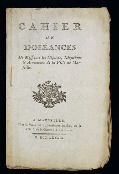 Marsilya Milletvekilleri, Tüccarlar ve Armatörler Şikayet Kitabının Başlık Sayfası, 1789 by French School