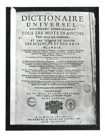 Antoine Furetiere (1619-88) 1690 (baskı) tarafından Dictionnaire Universel'in başlık sayfası by French School