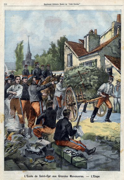 Bir askerin savaş alanındaki hayatı hakkında bir fikir vermek için, Saint Cyr okulunun öğrencileri, kendi ikmal işlerini yapmaları için bir manevraya gönderilir. 01/09/1901 tarihli “Le Petit Parisien”deki gravür (gravür) by French School