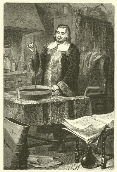 Torricelli barometreyi icat ediyor (gravür) by French School