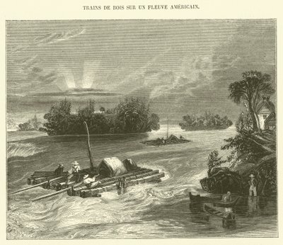 Bir Amerikan Nehri Üzerindeki Ahşap Trenler (gravür) by French School